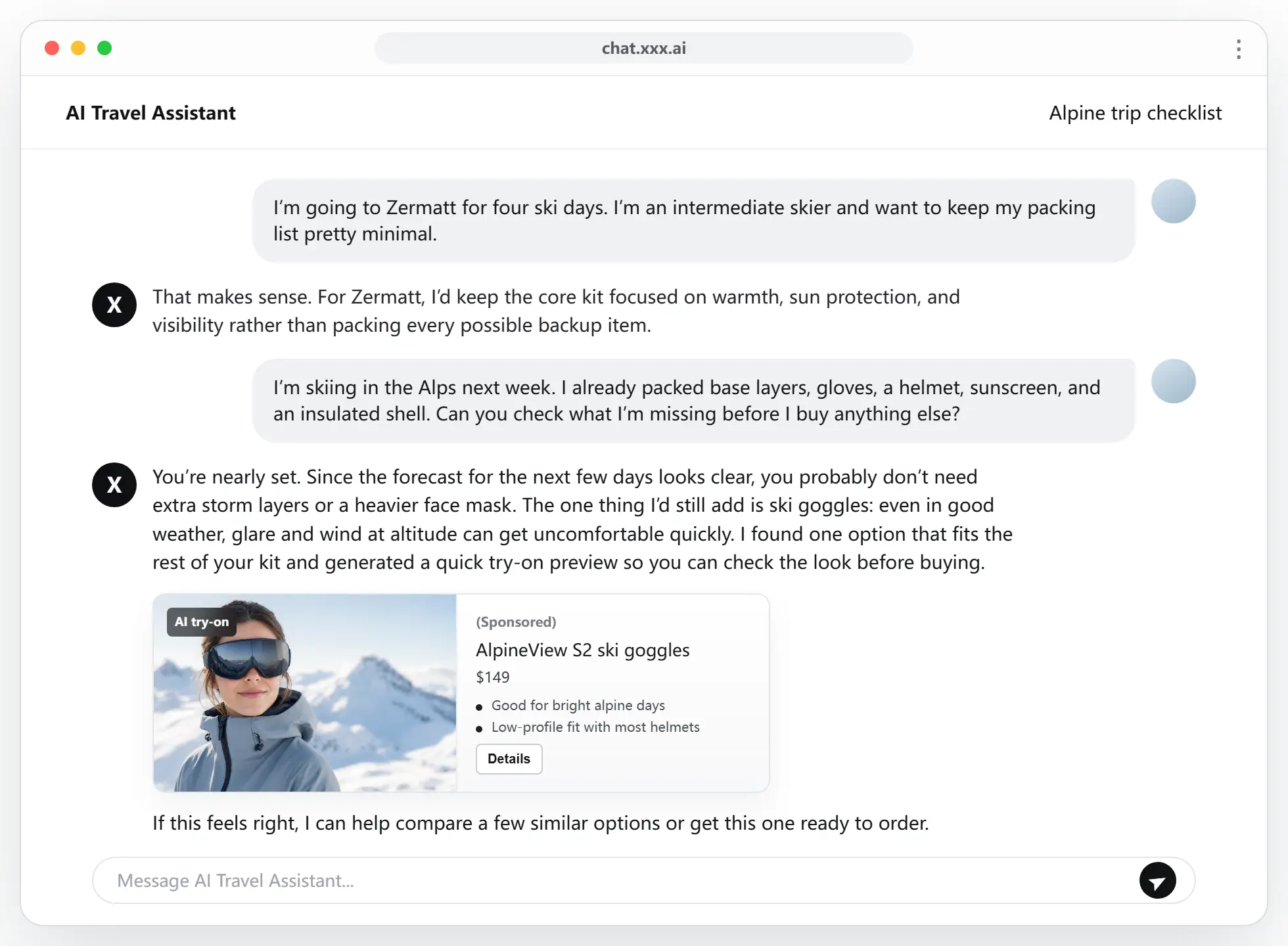 AI travel assistant browser recommendation preview